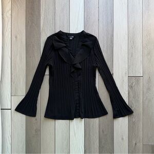 East5th Y2K black pleated ruffle blouse with a button-up design and long sleeves